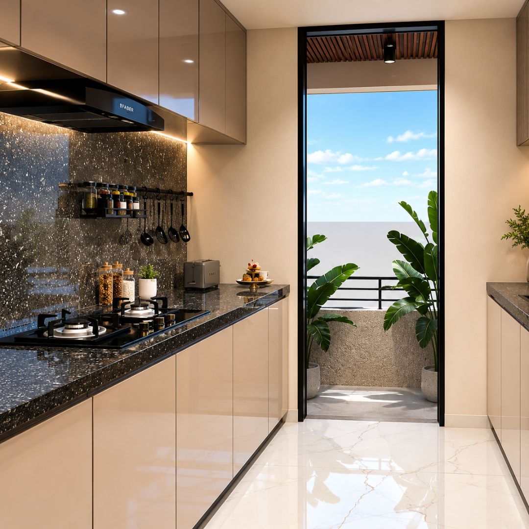 MODULAR KITCHEN WITH CHIMNEY, HOB & MICROWAVE